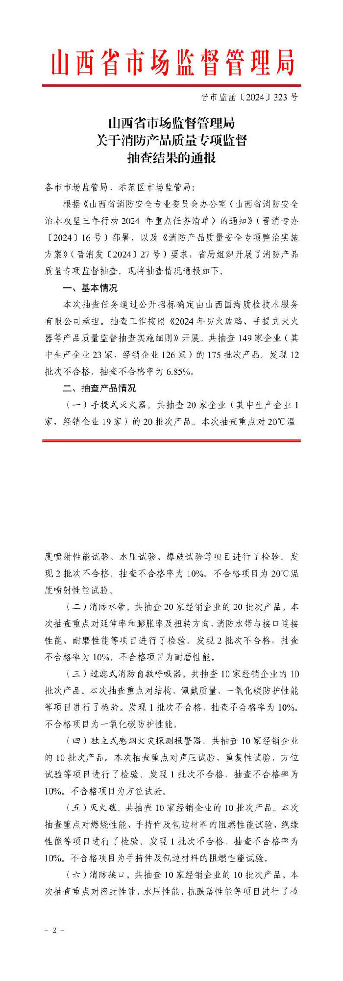 山西：消防產品質量專項監督抽查175批次，不合格12批次！